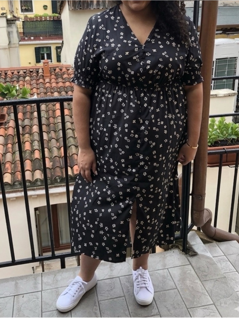 ASOS Influence Plus Size Black Midi Disty Floral Dress with Slit